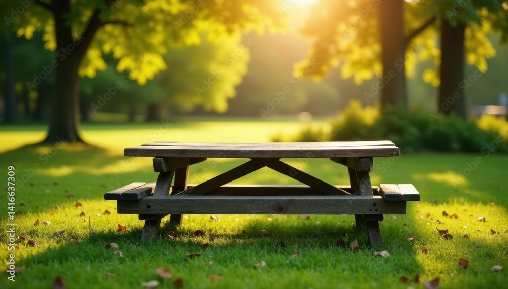 Empty weathered picnic table in a sunny setting, copy space, illustration, vintage Empty weathered picnic table in a sunny setting, copy space, illustration, vintage