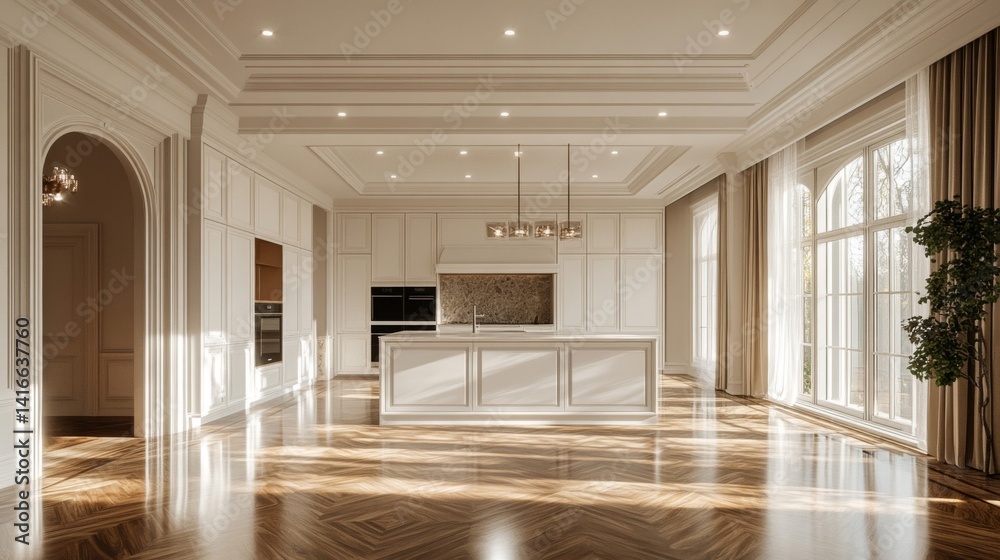 Fototapeta premium Bright White Luxury Kitchen Interior with Sunlight