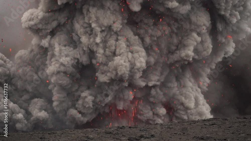 Powerful volcanic eruption captured in full force, with blazing lava, glowing fire, and thick clouds of ash billowing into the atmosphere. A stunning display of nature’s raw power and destructive.