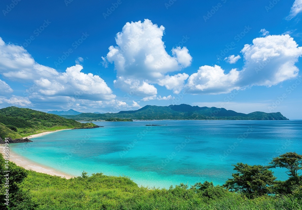 Serene Tropical Beach with Crystal Clear Water and Lush Green Hills Under Bright Blue Sky with Fluffy Clouds in Summer Paradise Landscape Serene Tropical Beach with Crystal Clear Water and Lush Green Hills Under Bright Blue Sky with Fluffy Clouds in Summer Paradise Landscape