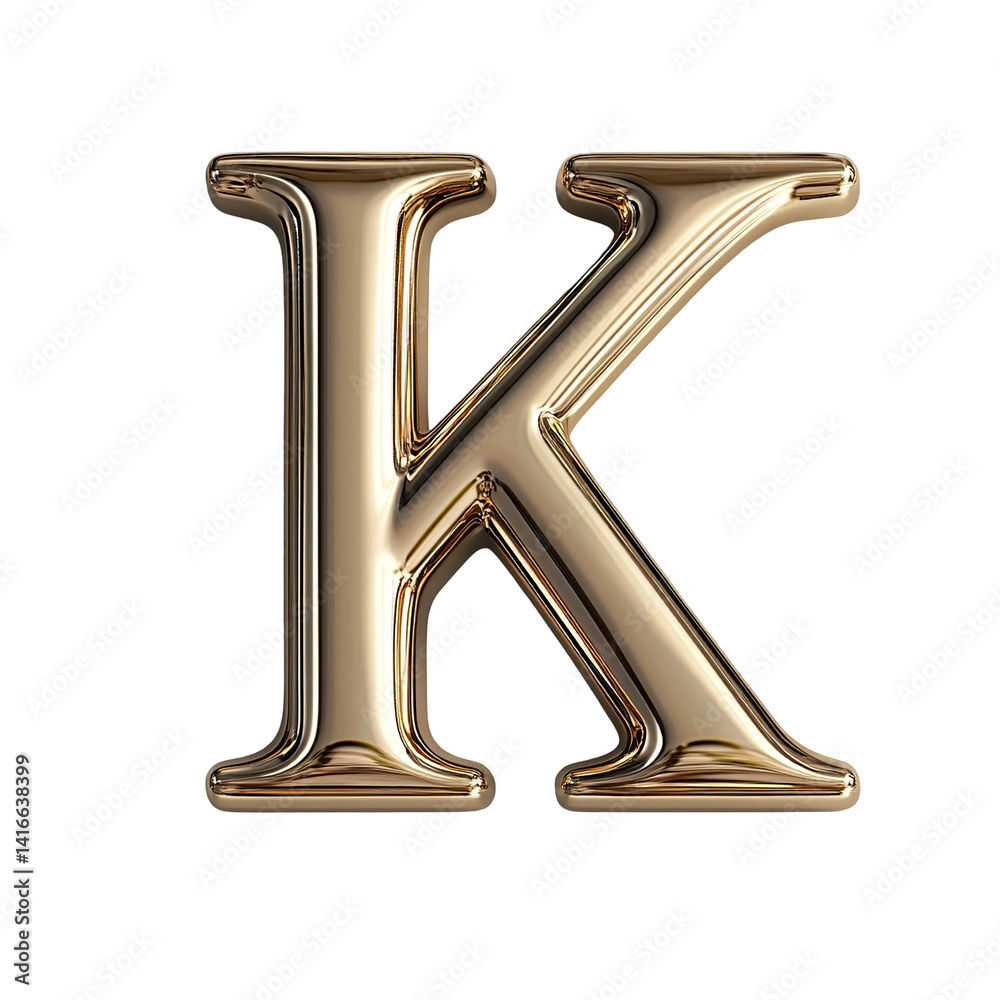 Top view of a 3D letter K made of Brass metal isolated on a white transparent background Top view of a 3D letter K made of Brass metal isolated on a white transparent background
