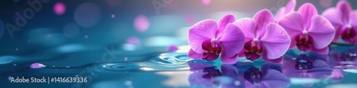 Ethereal purple orchids adrift in vibrant, swirling water , iridescent, flora, vibrant