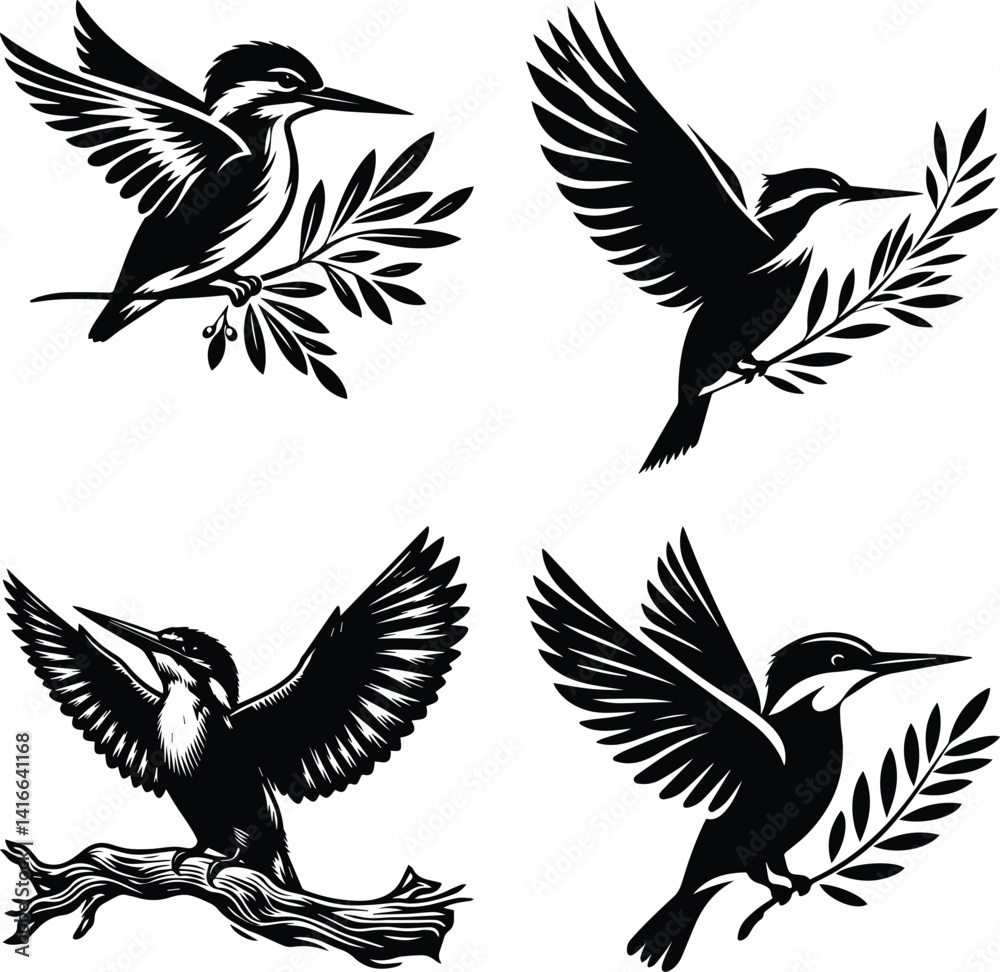 Obraz premium Four Black and White Kingfisher Bird Illustrations with Branches