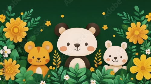 Delightful pixel art illustration featuring a trio of adorable animals amidst lush floral foliage evoking childlike whimsy and charming naivete for crafting and design