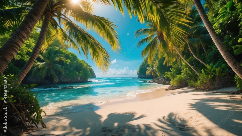 Fototapeta premium Tropical Beach with Palm Trees and Turquoise Water Paradise Getaway