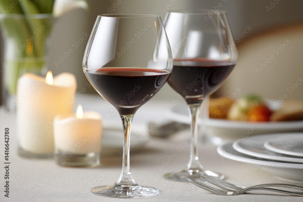 Elegant table setting with two wine glasses, candles creating wa Elegant table setting with two wine glasses, candles creating wa