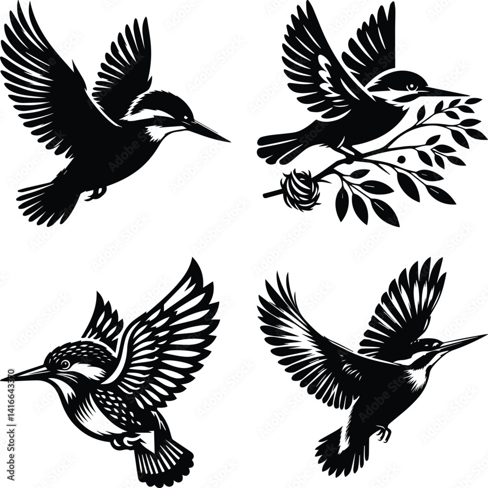 Fototapeta premium Four Stylized Black and White Kingfisher Bird Illustrations