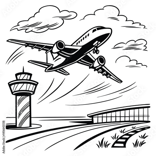 Airplane taking off with control tower illustration in black and white style