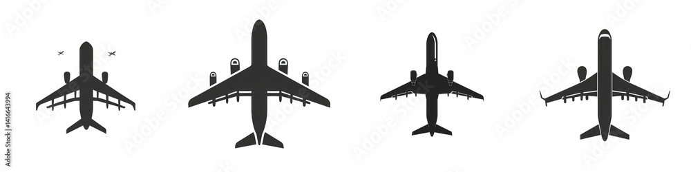Series of aircraft silhouettes showcasing different perspectives and sizes, set against a plain background, ideal for aviation-related projects isolated on white or transparent png Series of aircraft silhouettes showcasing different perspectives and sizes, set against a plain background, ideal for aviation-related projects isolated on white or transparent png