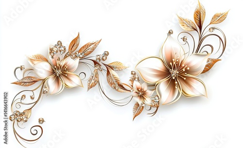 Elegant floral arrangement with gold and beige flowers, adorned with sparkling gems, set against a white background