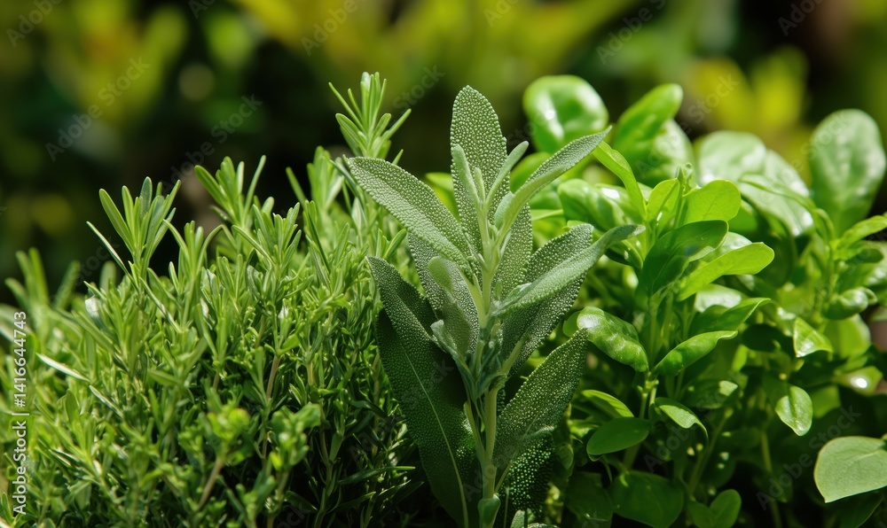 Fresh herbs including rosemary, sage, and spinach in vibrant green colors Fresh herbs including rosemary, sage, and spinach in vibrant green colors