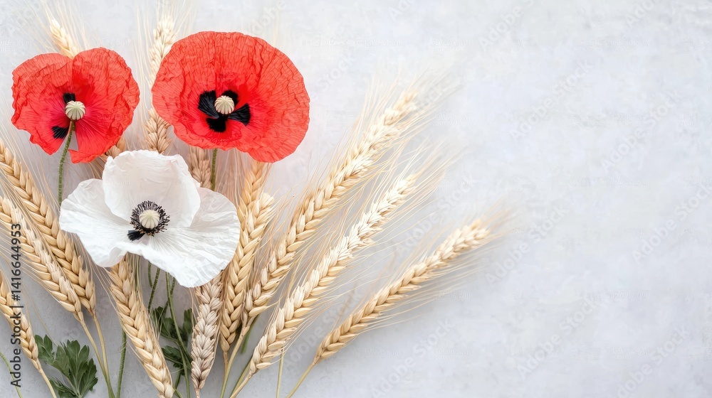 Obraz premium Delicate red poppies and white flowers with wheat stalks soft floral arrangement nature photography