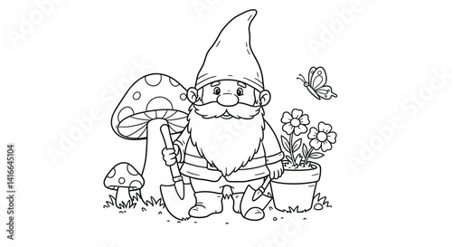 Detailed Cheerful Garden Gnome Outline Holding Shovel Near Flower Pot Illustration for Coloring Project