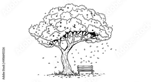 Detailed Cherry Blossom Tree Outline in Full Bloom with Gently Falling Petals Coloring Page Illustration
