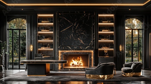 Luxurious, dark, opulent study with fireplace and marble accents