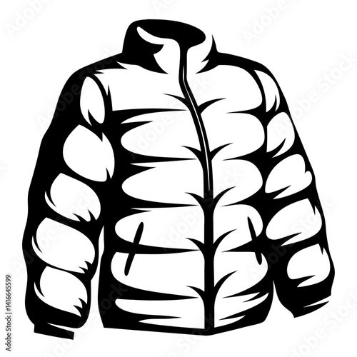 Monochrome vector drawing showcasing a padded winter jacket with high collar