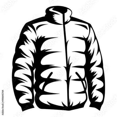 Black and white vector illustration of an insulated puffer jacket for winter