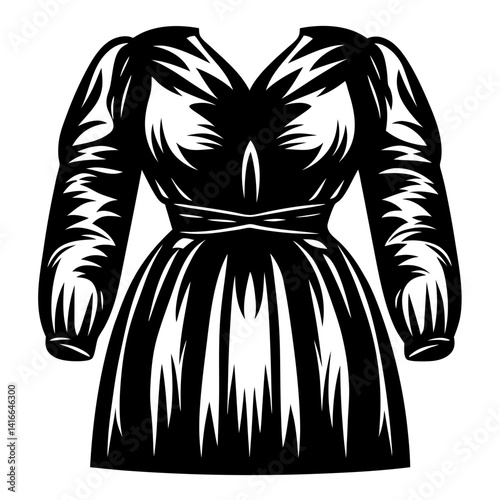 Elegant Black and White Dress Illustration Featuring Long Sleeves and Cinched Waist