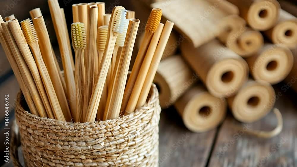 Bamboo straws and toothbrushes in a woven basket, with bamboo stalks in the background Bamboo straws and toothbrushes in a woven basket, with bamboo stalks in the background