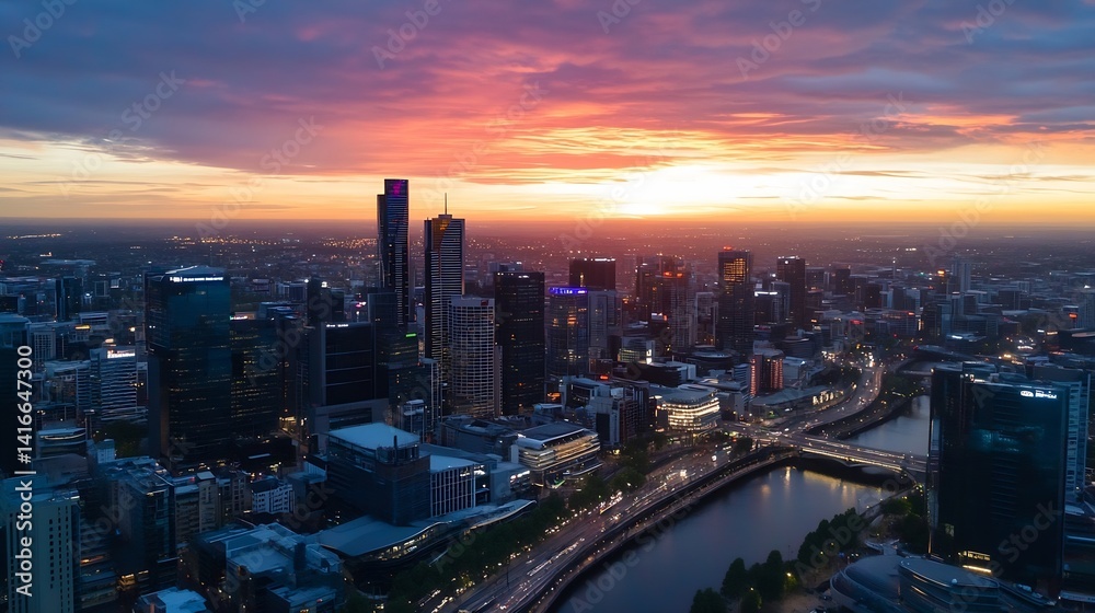 Fototapeta premium Vibrant city skyline during sunset with dramatic clouds and reflections on the river showcasing urban beauty : Generative AI