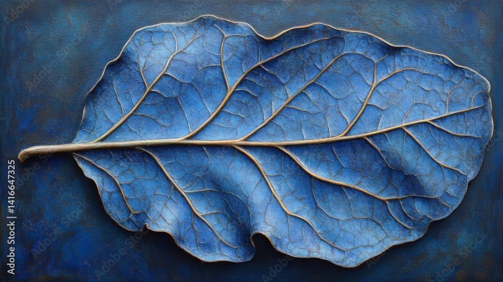 Obraz premium Blue Leaf with Gold Veins on Dark Background
