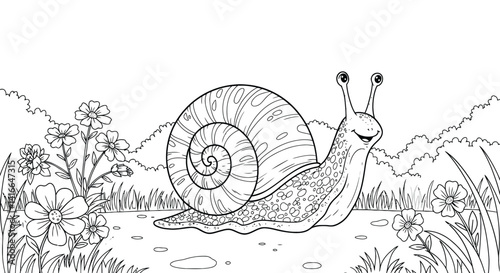 Line Art Happy Snail on Path Surrounded by Blooms and Grass Black and White Simple Nature Drawing