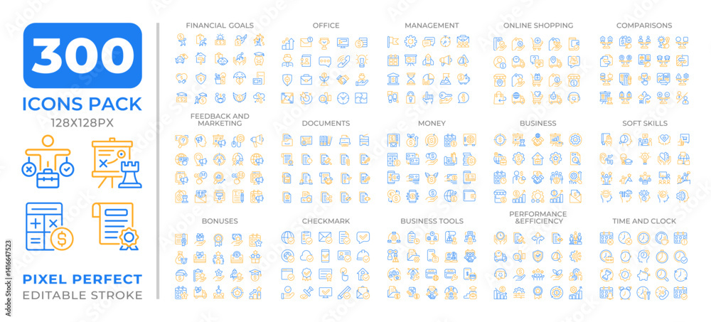 Business two color line icons set collection. Financial management strategy. Office workflow planning bicolor outline mega pack isolated, pixel perfect. Duotone thin lineart. Editable stroke