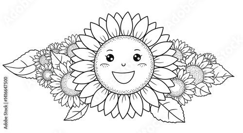 Line Art Smiling Sunflower Character Centerpiece with Surrounding Blooms Black and White Floral Drawing