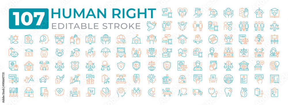 Human rights two color line icons set collection. Moral principles and norms regulated by laws. Legislation authority bicolor outline mega pack isolated. Duotone thin lineart. Editable stroke Human rights two color line icons set collection. Moral principles and norms regulated by laws. Legislation authority bicolor outline mega pack isolated. Duotone thin lineart. Editable stroke
