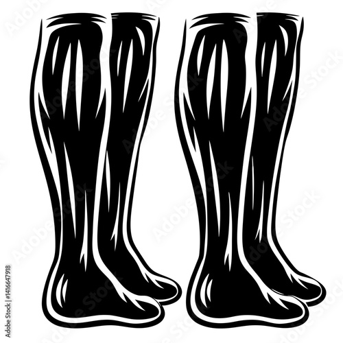 Two pairs of tall black stylish rubber boots in monochrome graphic design