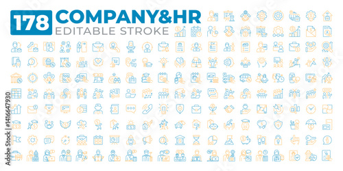 Company and HR two color line icons set collection. Corporate workflow management. Talents employment. Human resources bicolor outline mega pack isolated. Duotone thin lineart. Editable stroke
