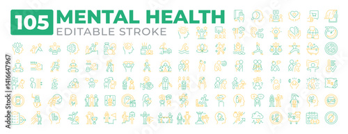 Mental health two color line icons set collection. Education, business and services for customers. Work and life routines bicolor outline mega pack isolated. Duotone thin lineart. Editable stroke