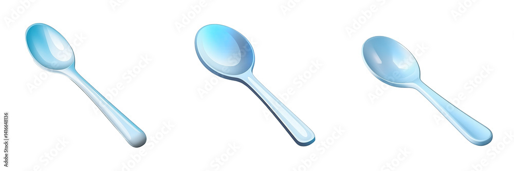 Three blue plastic spoons arranged in a row, showcasing their sleek design and shiny surface, set against a clean white background isolated on white or transparent png Three blue plastic spoons arranged in a row, showcasing their sleek design and shiny surface, set against a clean white background isolated on white or transparent png