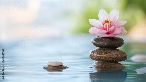 Zen Serenity Close Up of a Pink Lotus Flower on a Stack of Pebbles Over Calm Water : Generative AI