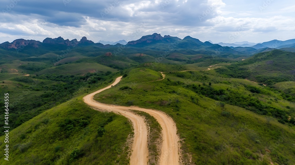 Aerial View of Winding Dirt Road Surrounded by Lush Green Hills and Mountains : Generative AI Aerial View of Winding Dirt Road Surrounded by Lush Green Hills and Mountains : Generative AI