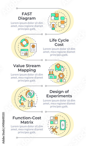 Value engineering methods infographic vertical sequence. Process management, finance. Visualization infochart with 4 steps. Circles workflow. Montserrat SemiBold, Lato Regular fonts used