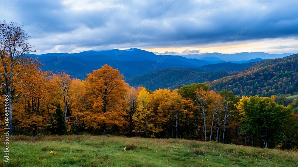 Fototapeta premium Stunning autumn landscape with colorful trees and mountain view under dramatic sky : Generative AI