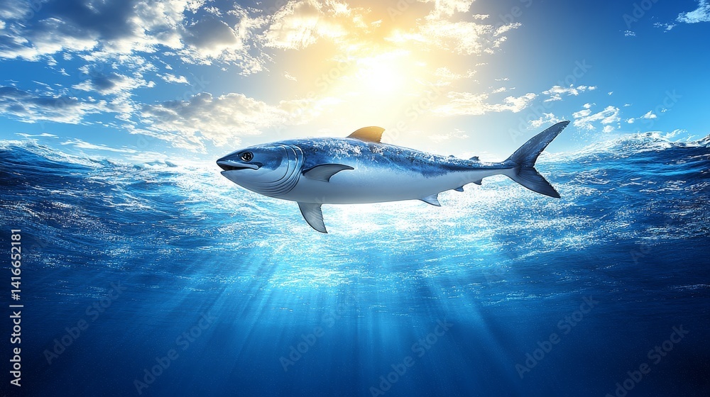 Naklejka premium Majestic ocean predator illuminated by sunlight piercing through the surface waters creating a dramatic deep sea spectacle animal kingdom scene
