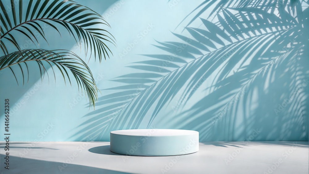 Fototapeta premium Minimal Abstract Background with Blurred Palm Leaf Shadows on Light Blue Wall 