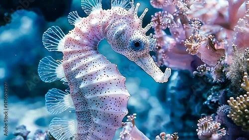 Pink seahorse amidst vibrant coral reef
