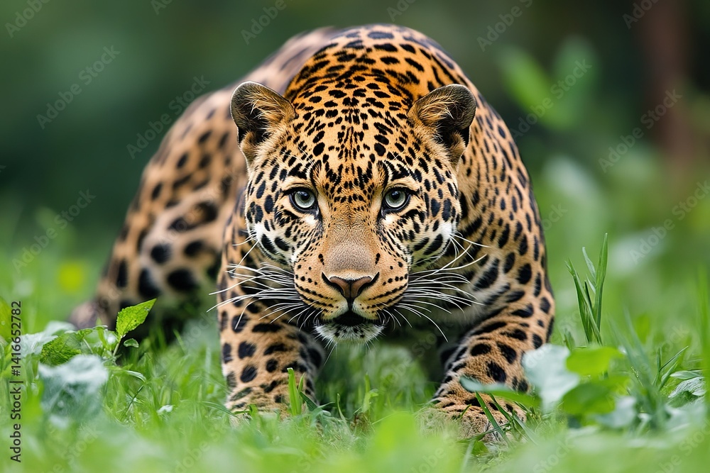 Obraz premium A sleek and agile leopard crouched low in the grass, its spotted coat blending with nature
