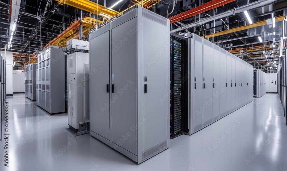 Modern data center with rows of server racks and organized infrastructure