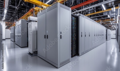 Modern data center with rows of server racks and organized infrastructure