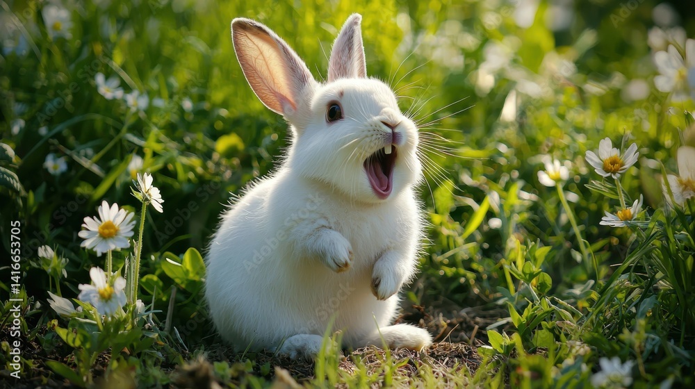 White rabbit with mouth open in field of daisies. Adorable spring scene White rabbit with mouth open in field of daisies. Adorable spring scene