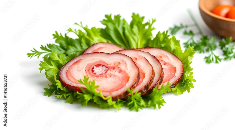 High-Resolution Close-Up of Sliced Meat Cutlets with Garnish Isolated on White Background – Stock Food Photo High-Resolution Close-Up of Sliced Meat Cutlets with Garnish Isolated on White Background – Stock Food Photo