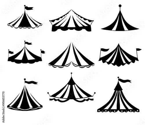 Vector set of black silhouette roof of circus vintage tents with flags isolated from background. Monochrome collection of carnival marquee housetop clip arts for stickers and cards