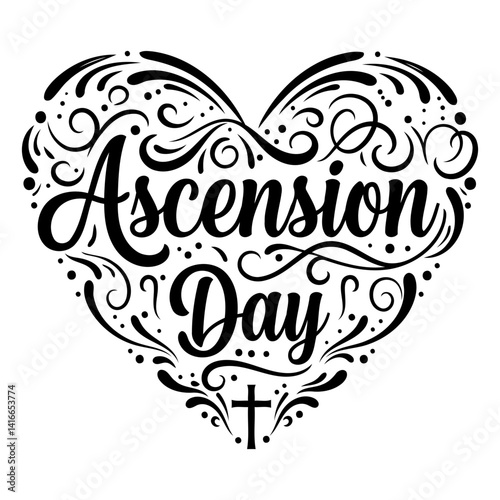 Ornate heart-shaped graphic with "Ascension Day" lettering.  Detailed decorative flourishes and swirls.  Suitable for religious advertising,  greeting cards, or editorial content.