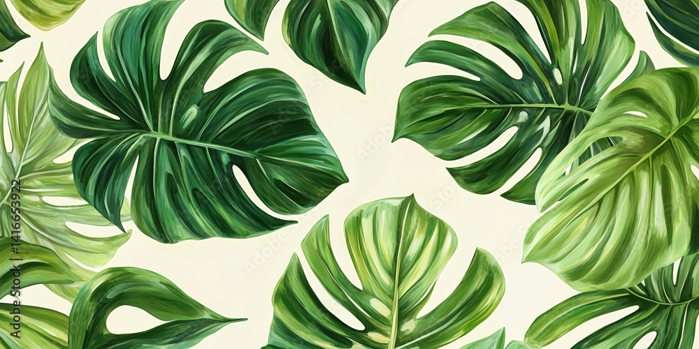 Tropical green leaves pattern with monstera and palm foliage on light background Tropical green leaves pattern with monstera and palm foliage on light background