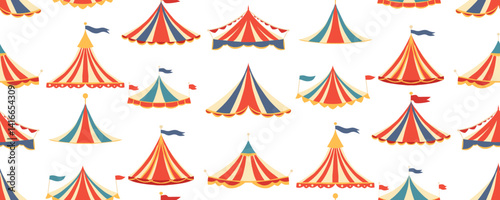 Vector seamless pattern with circus vintage tents of roof on white background. Texture with colorful carnival marquees rooftops for fabric and wallpaper