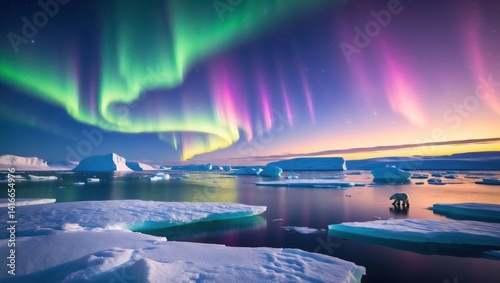 Observing Northern Lights Over Arctic Ice Floes and Polar Bear